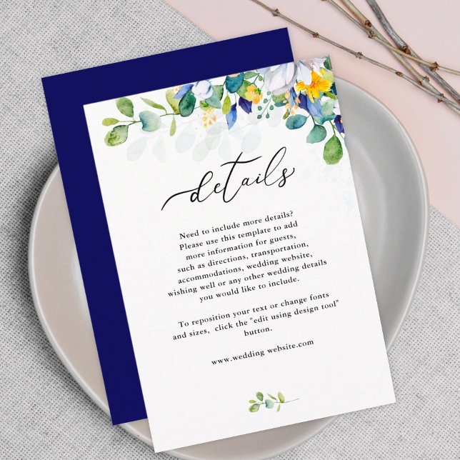 Tarjeta De Recepción Elegante boda blanco amarillo azul floral (Subido por el creador)