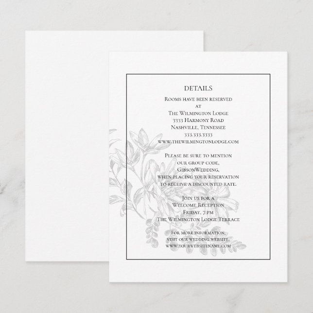 Tarjeta De Recepción Elegante Boda blanco negro floral moderno (Anverso / Reverso)