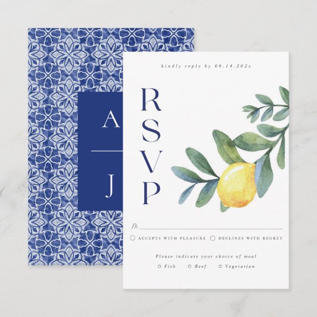 Tarjeta De Recepción Elegante Boda botánica de limón azul italiano RSVP (Anverso / Reverso)