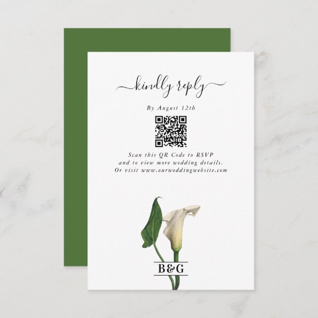 Tarjeta De Recepción Elegante Boda botánico de Calla Blanca Lily Green (Anverso / Reverso)