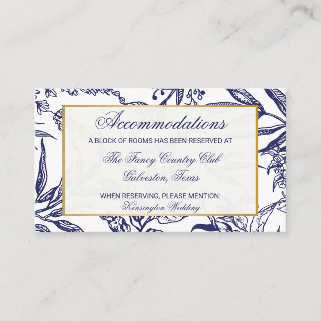 Tarjeta De Recepción Elegante Boda botánico de oro azul de la marina (Anverso)