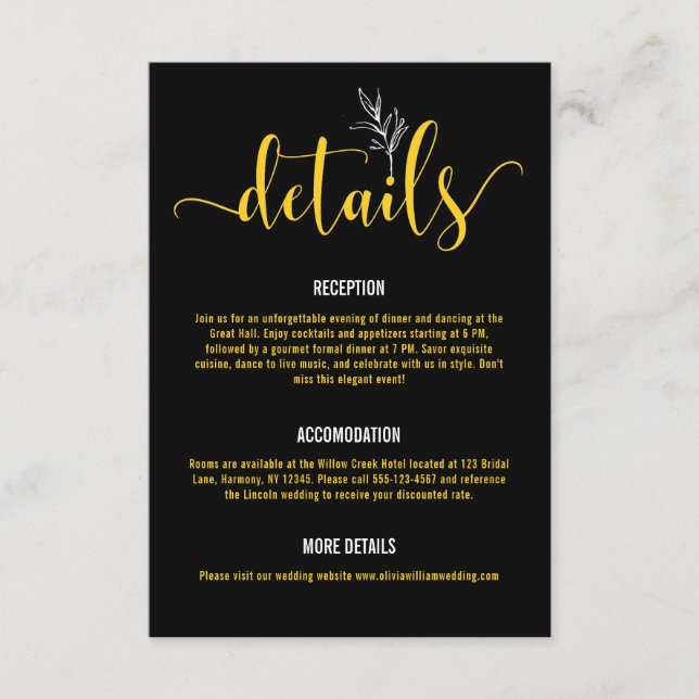 Tarjeta De Recepción Elegante Boda botánico negro y dorado Enclosur (Anverso)