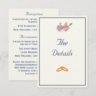 Tarjeta De Recepción Elegante boda católica de dos corazones en azul ma