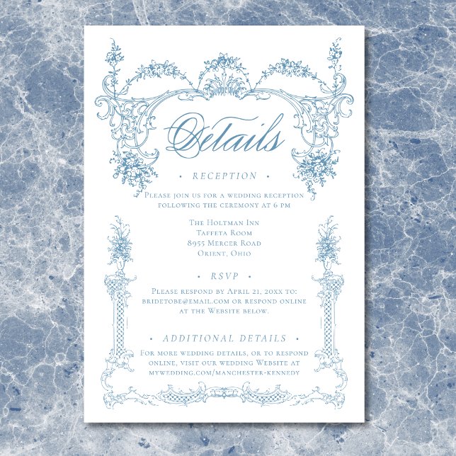 Tarjeta De Recepción Elegante Boda chino-victoriano azul francés (Elegant French Blue Victorian Chinoiserie Wedding Enclosure Card)