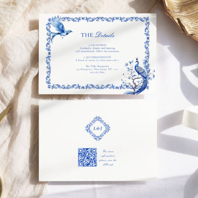 Tarjeta De Recepción Elegante Boda chinoiserie azul vintage (Subido por el creador)
