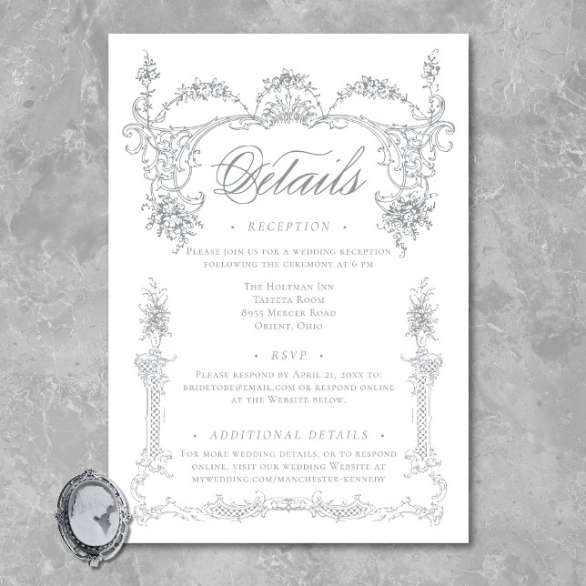 Tarjeta De Recepción Elegante Boda Chinoiserie gris victoriano francés (Elegant French Gray Victorian Chinoiserie Wedding Enclosure Card)