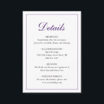 Tarjeta De Recepción Elegante Boda clásico real morado<br><div class="desc">Tarjeta de gabinete boda tradicional y elegante con un diseño sencillo con detalles en una elegante caligrafía real violeta dentro de un borde delgado. El trasero es púrpura sólido. La plantilla le permite compartir información importante sobre su día especial. Este diseño clásico es perfecto para un boda formal en otoño/otoño....</div>