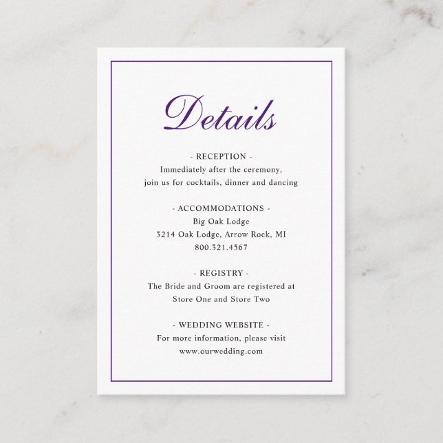 Tarjeta De Recepción Elegante Boda clásico real morado (Anverso)