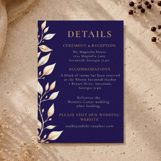 Tarjeta De Recepción Elegante Boda con Borde Botánico en Azul Marino