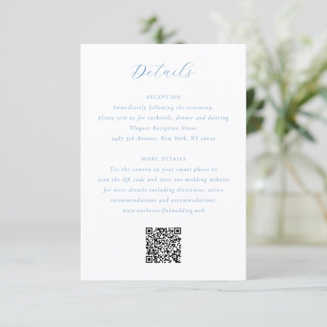 Tarjeta De Recepción Elegante Boda Costera Chic de Azul y Blanco (Anverso de pie)