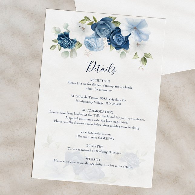 Tarjeta De Recepción Elegante Boda de acuarela floral (Floral Dusty Blue Watercolor Bloom Wedding Details)