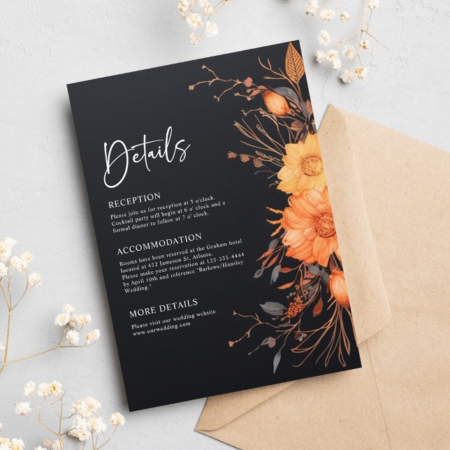 Tarjeta De Recepción Elegante Boda de acuarela floral de otoño negro (Elegant Black Fall Floral Watercolor Wedding Enclosure Card)
