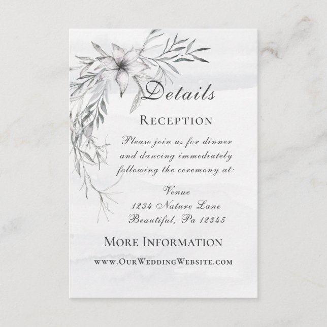Tarjeta De Recepción Elegante Boda de acuarela gris blanco y floral (Anverso)
