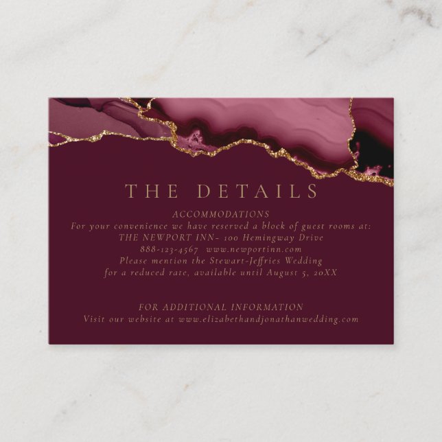 Tarjeta De Recepción Elegante Boda de Agate de Oro Borgoña Detalles Enc (Anverso)