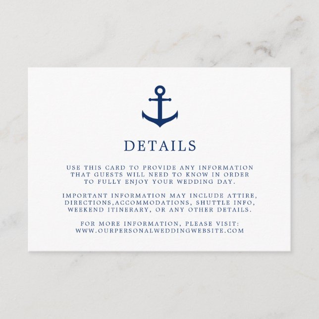 Tarjeta De Recepción Elegante Boda de Ancla Azul de la Marina Náutica (Anverso)