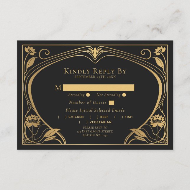 Tarjeta De Recepción Elegante Boda de Art Nouveau Lotus (Anverso)