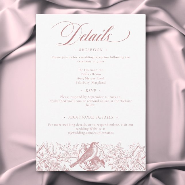 Tarjeta De Recepción Elegante Boda de Aves y Naturaleza de Chinoiserie  (Elegant Pink Chinoiserie Nature & Birds Wedding Enclosure Card)