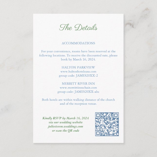 Tarjeta De Recepción Elegante Boda de código QR azul y verde (Anverso)