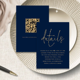 Tarjeta De Recepción Elegante Boda de código QR de la Marina Azul Oro