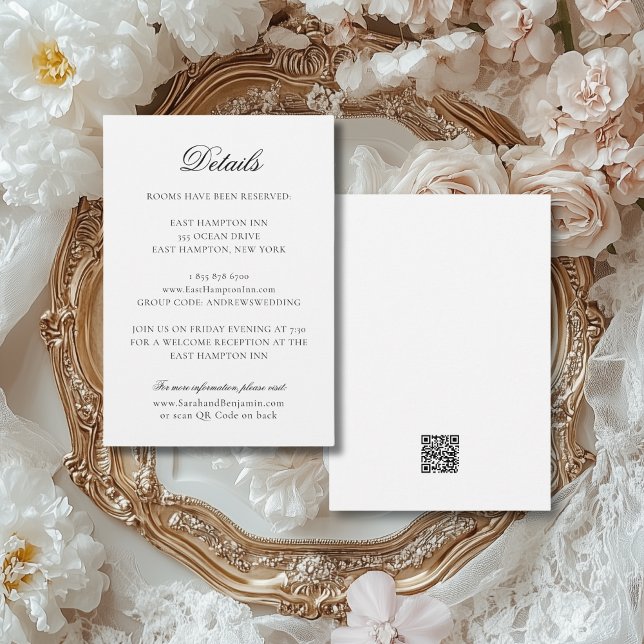 Tarjeta De Recepción Elegante Boda de código QR en blanco y negro (This elegant details enclosure card is perfect for an elegant wedding done in a vintage style.)