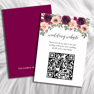 Tarjeta De Recepción Elegante Boda de código QR floral de color burdeos