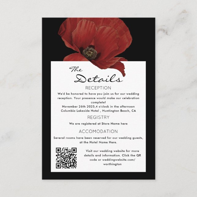 Tarjeta De Recepción Elegante Boda de código QR floral rojo (Anverso)