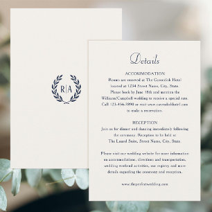 Tarjeta De Recepción Elegante Boda de Crema Naval de Monograma