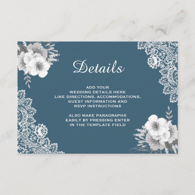 Tarjeta De Recepción Elegante Boda de encaje floral azul (Anverso)