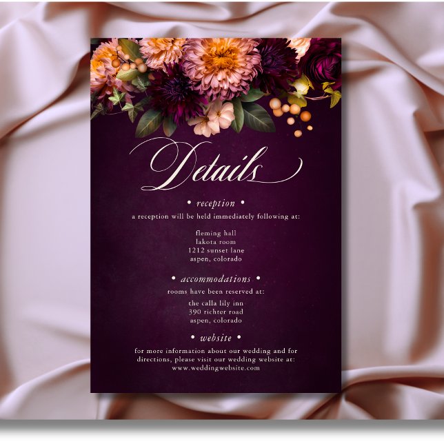 Tarjeta De Recepción Elegante Boda de escritura floral borgoñona (Elegant Burgundy Moody Floral Script Wedding Details Enclosure Card)