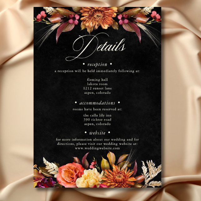 Tarjeta De Recepción Elegante Boda de escritura floral de Boho negro vi (Elegant Black Vibrant Boho Floral Script Wedding Enclosure Card)