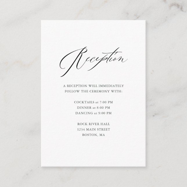 Tarjeta De Recepción Elegante Boda de escritura moderna en blanco negro (Anverso)