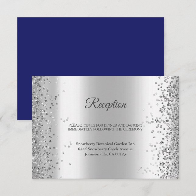 Tarjeta De Recepción Elegante Boda de esparkle Purpurina de la Marina d (Anverso / Reverso)