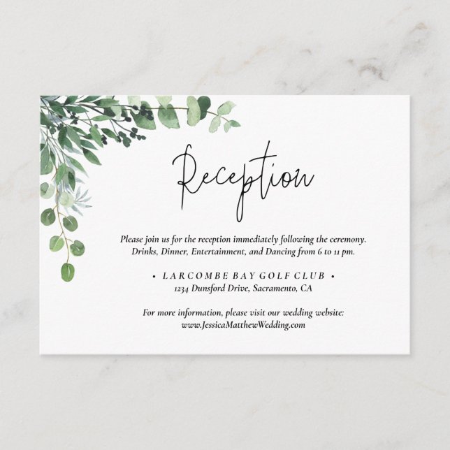 Tarjeta De Recepción Elegante Boda de Eucaliptos Verde Polvoriento (Anverso)