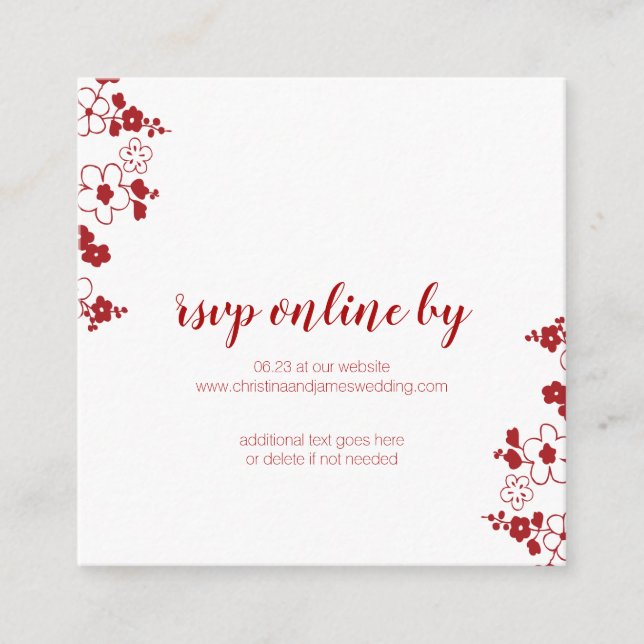 Tarjeta De Recepción Elegante Boda de Flor de Cerezo Rojo y Blanco RSVP (Anverso)