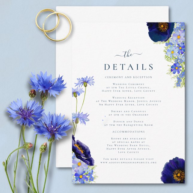 Tarjeta De Recepción Elegante Boda de Flor Silvestre (Elegant wildflower watercolor summer floral blue wedding details card with modern typography script)