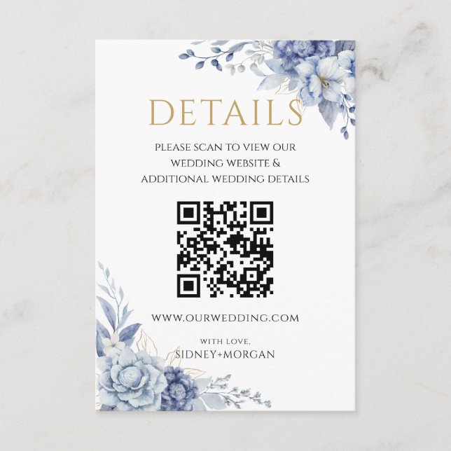 Tarjeta De Recepción Elegante boda de flores azules agitadas Detalles d (Anverso)