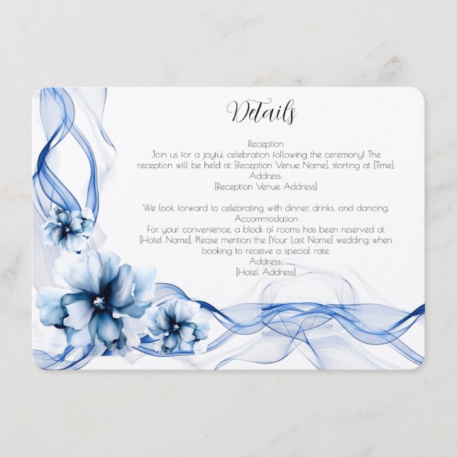 Tarjeta De Recepción Elegante boda de flores azules polvorientos Navy  (Anverso)