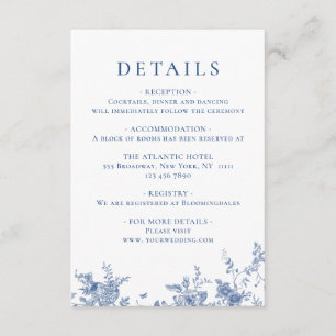 Tarjeta De Recepción Elegante Boda de flores azules victoriano