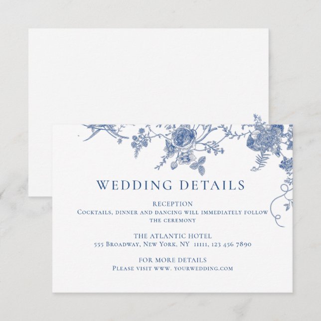 Tarjeta De Recepción Elegante Boda de flores azules victoriano (Anverso / Reverso)