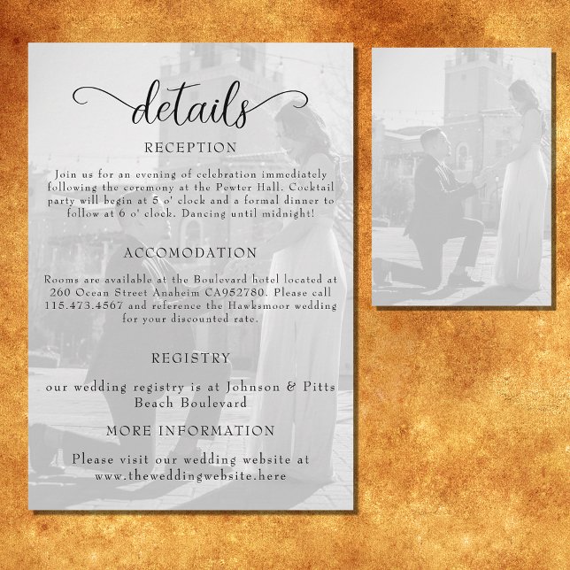 Tarjeta De Recepción Elegante Boda De Fotografías En Blanco Y Negro (Wedding enclosure card with opaque photo background.)