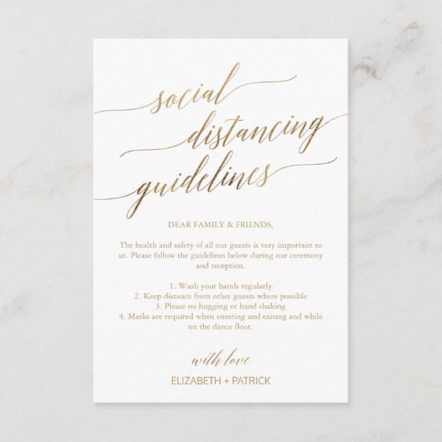 Tarjeta De Recepción Elegante Boda de guías de distancia social de oro (Anverso)