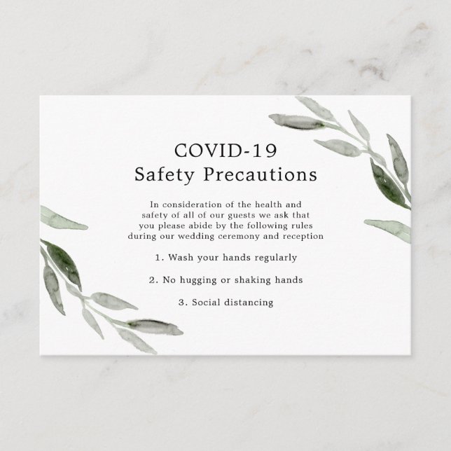 Tarjeta De Recepción Elegante Boda de hojas verdes COVID-19 Seguridad (Anverso)