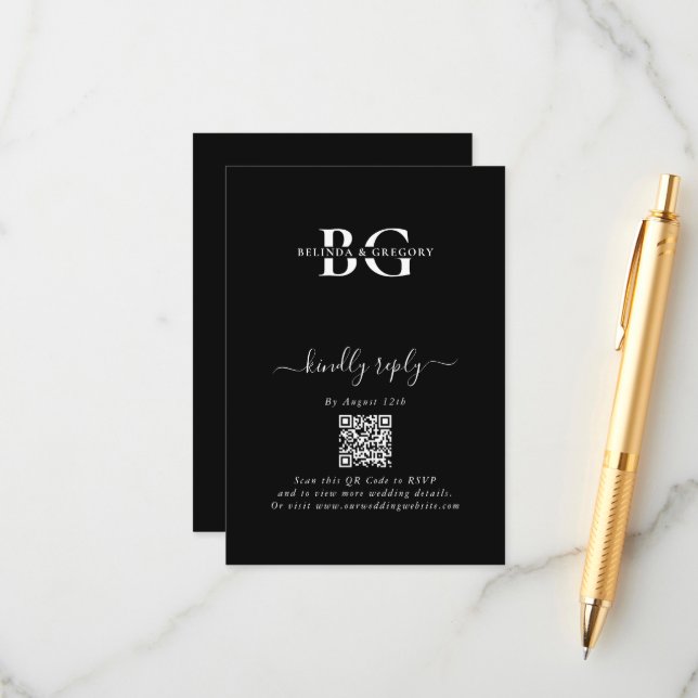 Tarjeta De Recepción Elegante Boda de Iniciales de Monograma Blanco y N (Anverso/Reverso In Situ)