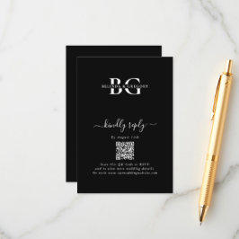 Tarjeta De Recepción Elegante Boda de Iniciales de Monograma Blanco y N