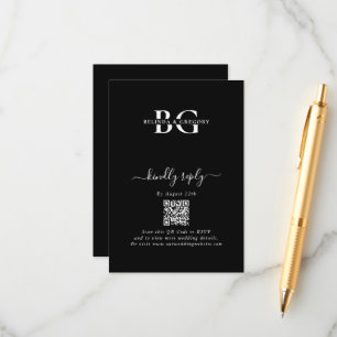 Tarjeta De Recepción Elegante Boda de Iniciales de Monograma Blanco y N