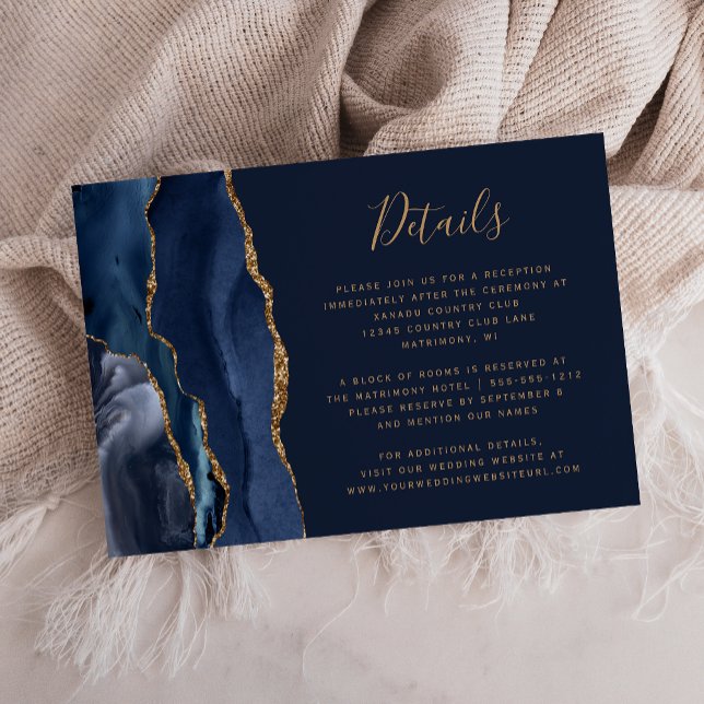 Tarjeta De Recepción Elegante Boda de la Marina Blue Gold Agate (Subido por el creador)
