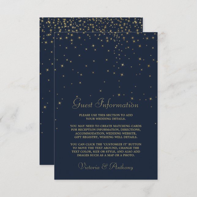 Tarjeta De Recepción Elegante Boda de la Marina y las Estrellas de Oro (Anverso / Reverso)
