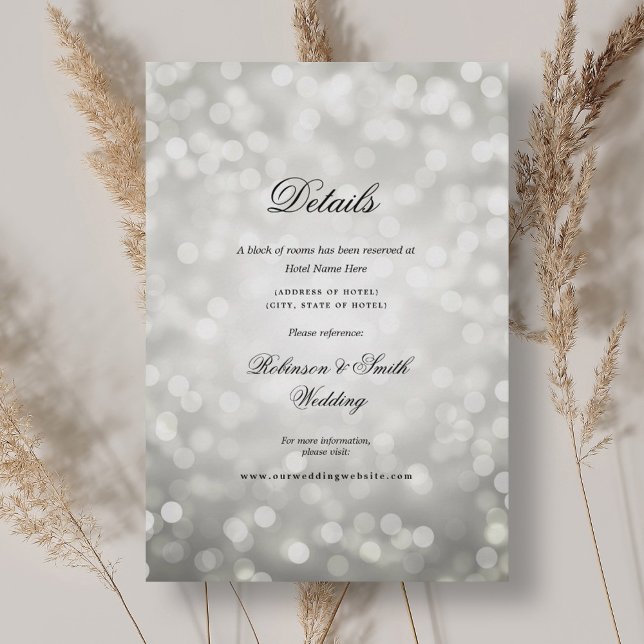 Tarjeta De Recepción Elegante Boda de luces de bokeh plateadas (Elegant Silver Bokeh Lights Wedding Details Enclosure Card)