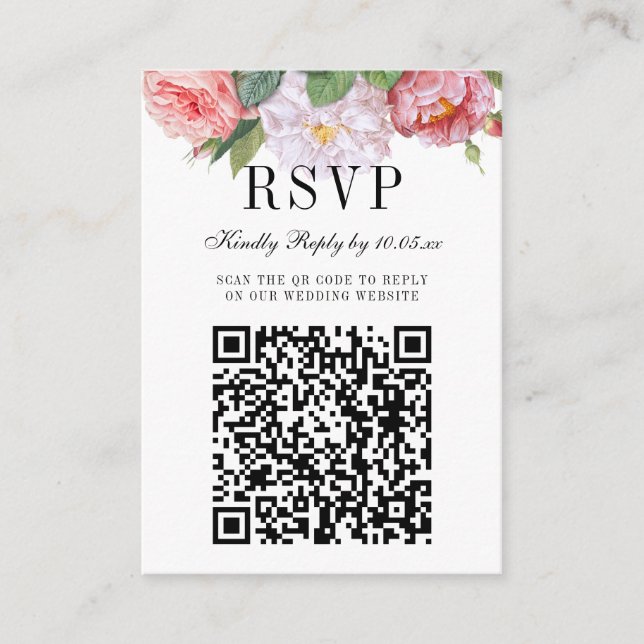 Tarjeta De Recepción Elegante Boda de Monograma Floral Código QR RSVP (Anverso)