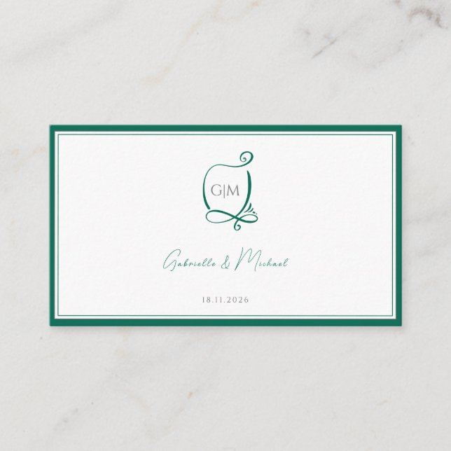 Tarjeta De Recepción Elegante Boda de Monograma Verde Esmeralda RSVP (Anverso)